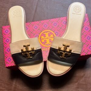 Tory Burch Black and Cream Slide Sandals
